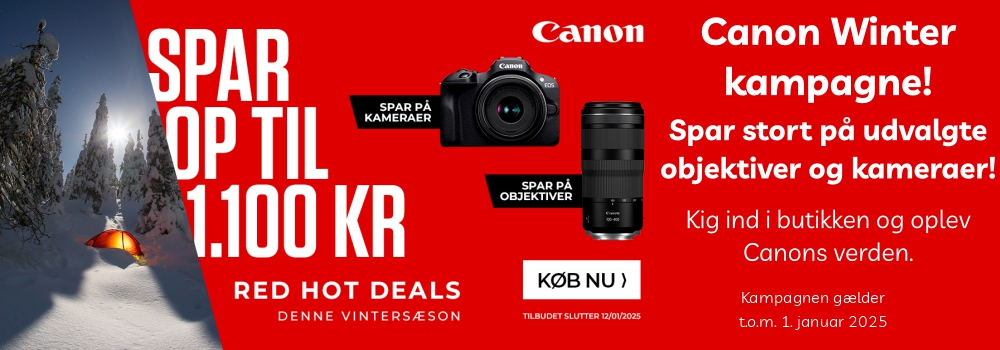 Canon Cashback spar op til 1.100 kr. Canon Winter kampagne, spar stort på udvalgte objektiver og kameraer, kig ind i butikke og oplev Canons verden.